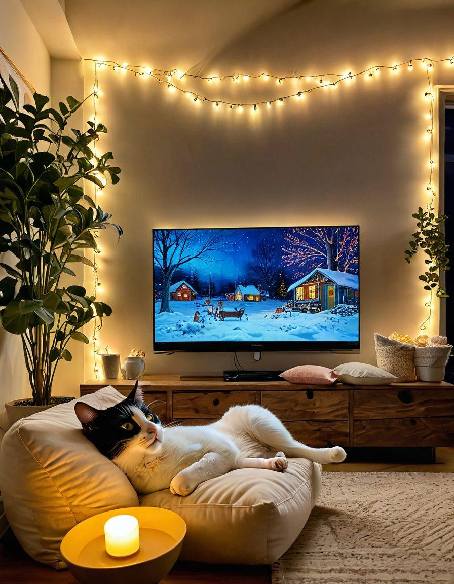 A cozy living room atmosphere with a person joyously binge-watching a colorful array of TV shows on a large screen. The room is filled with soft cushions, popcorn, and fairy lights glowing warmly. Surrounding the screen are images of characters and scenes from various genres, radiating happiness. A whimsical cat lounges peacefully beside the viewer, capturing the essence of comfort. vibrant colors. super-realistic. cozy ambiance.