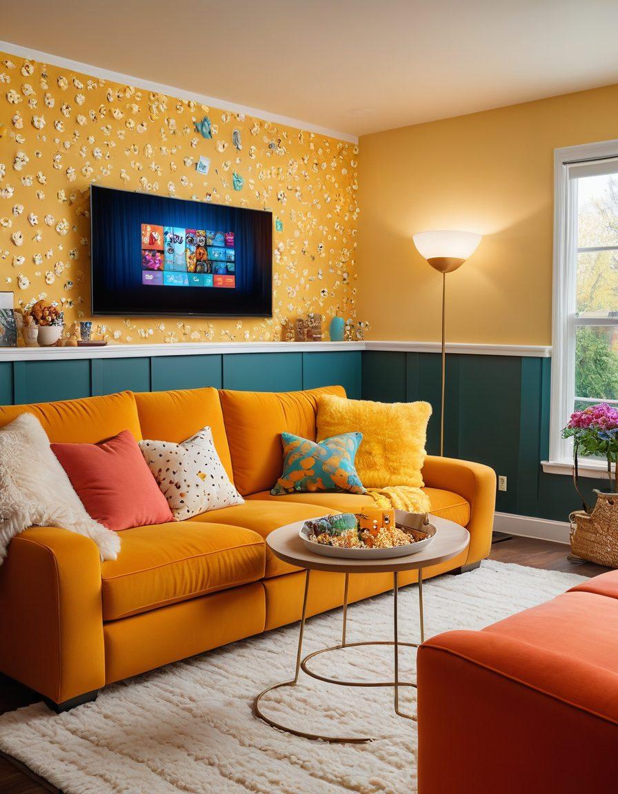 A colorful, cozy living room setting depicting a comfortable sofa with a bowl of popcorn and a remote control, a large screen showcasing joyful and cheerful scenes from various movies and shows, warm lighting enhancing the cozy atmosphere, whimsical touches like smiling cartoon characters and floating emojis embodying happiness. vibrant colors. super-realistic.