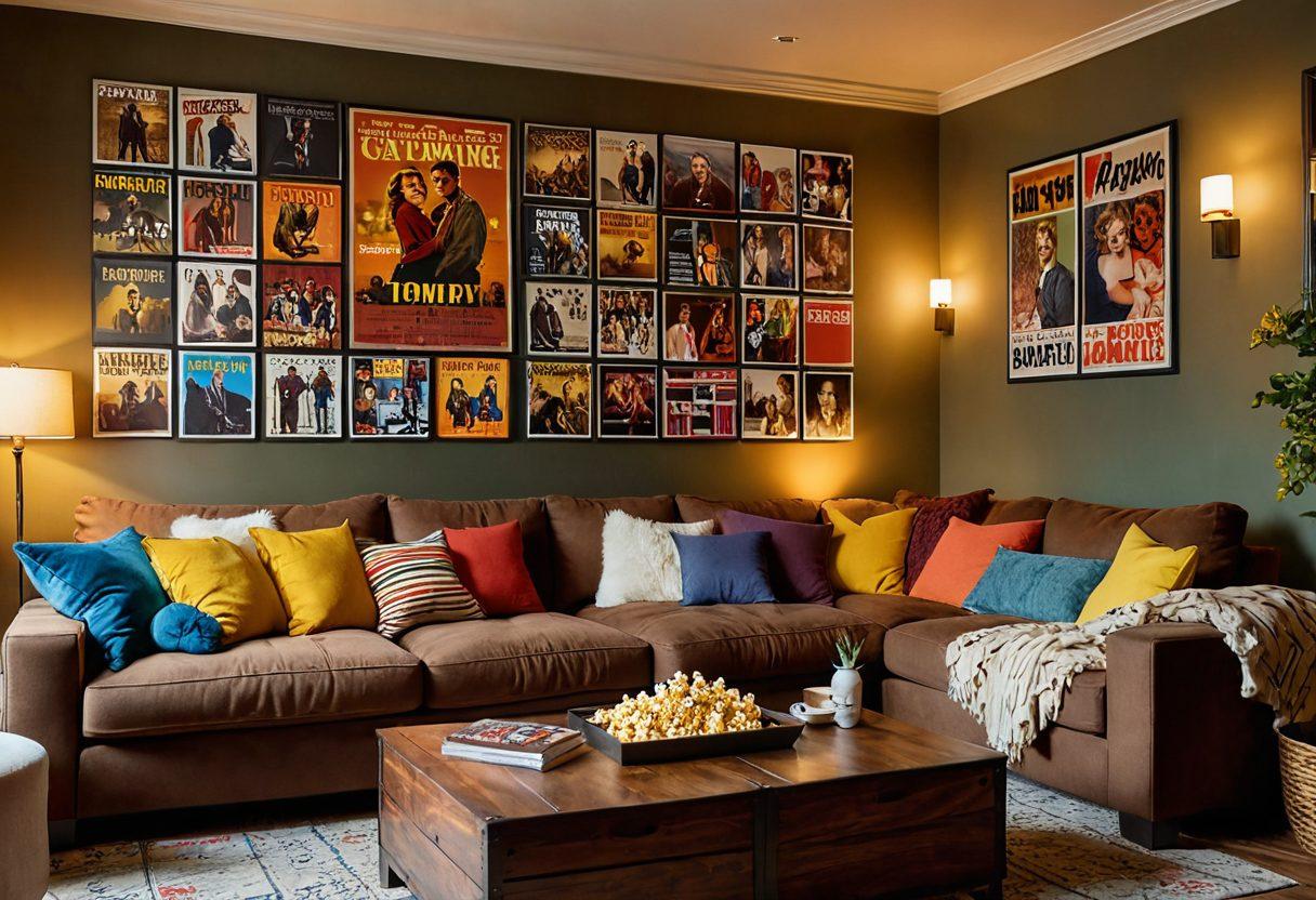 A cozy living room with a large screen displaying colorful movie posters, a bowl of popcorn overflowing on the table, and a happy group of friends lounging on a plush sofa, illuminated by soft fairy lights in the background. The atmosphere radiates warmth and joy, surrounded by shelves filled with DVDs and blankets. super-realistic. vibrant colors. warm lighting.